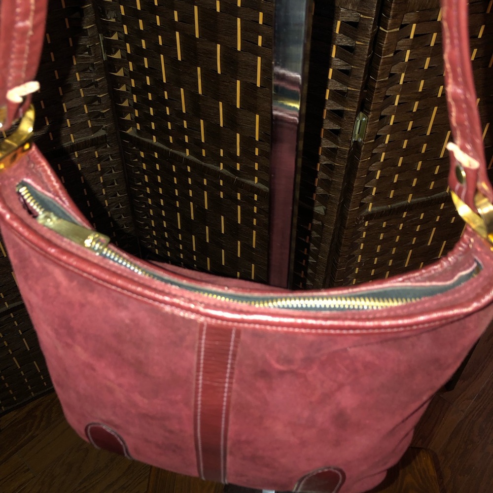 Vintage Burgundy, suede-leather Crossbody purse. - Picture 9 of 16